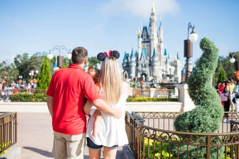 family in front of Cinderella's castle at Disney image