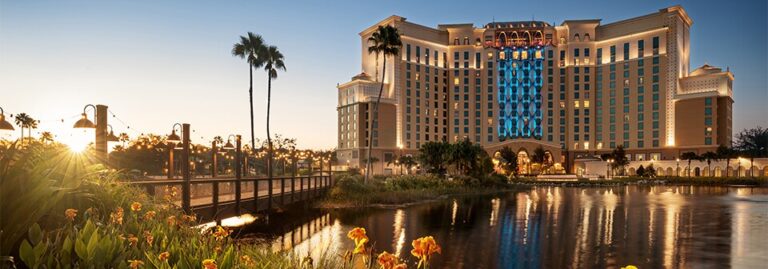 Gran Destino Tower at Disney’s Coronado Springs Resort featuring modern Spanish-inspired design, stunning lake views, and upscale amenities at Walt Disney World