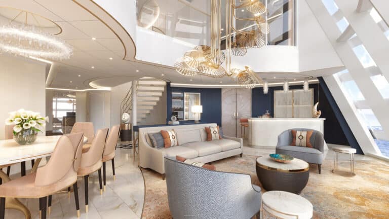 Elegant living room of the Disney Wish Tower Suite featuring modern décor, dining area, and panoramic ocean views.