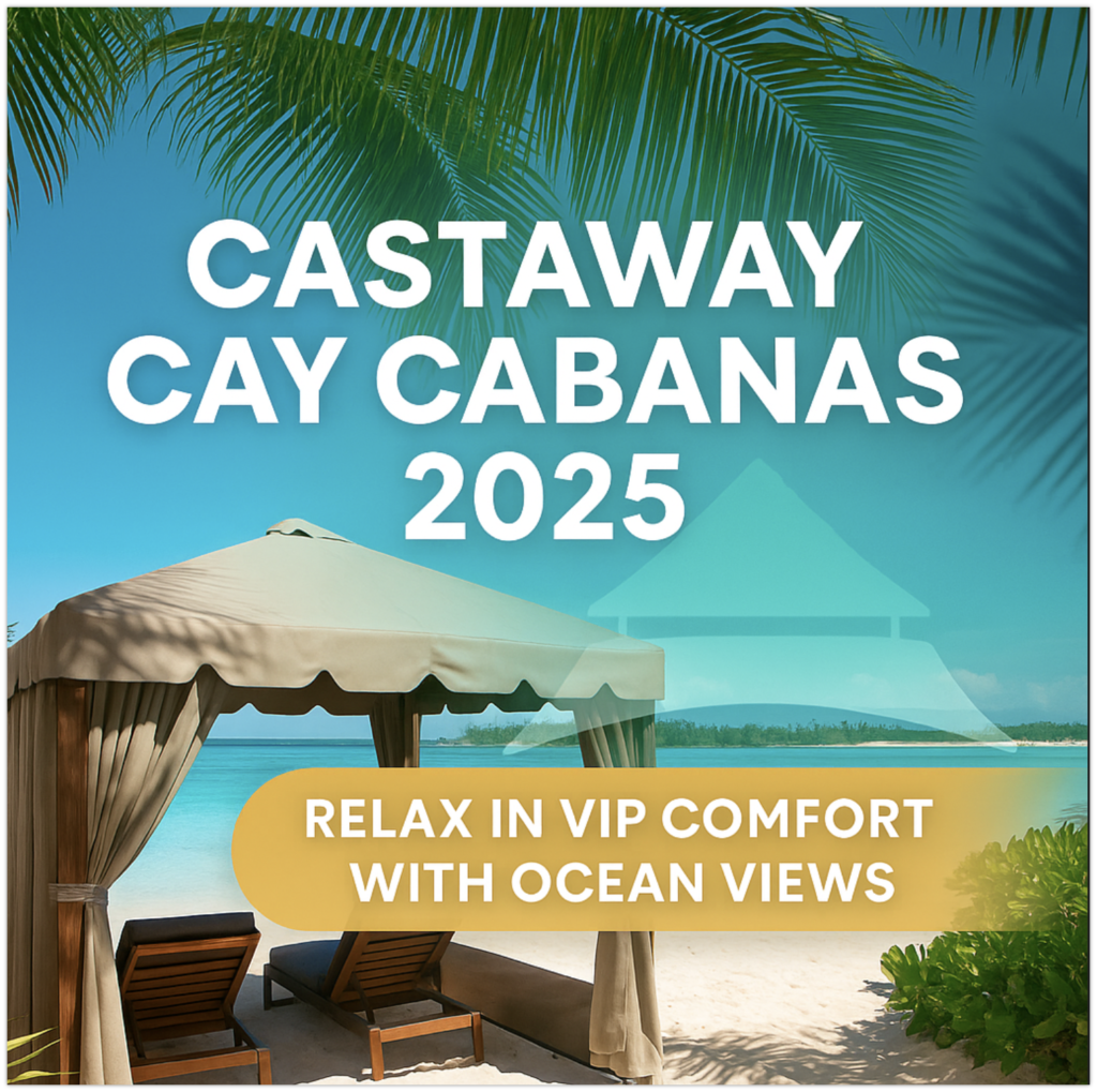 Luxury Castaway Cay cabana setup on a Disney Cruise private island with ocean view and beach loungers