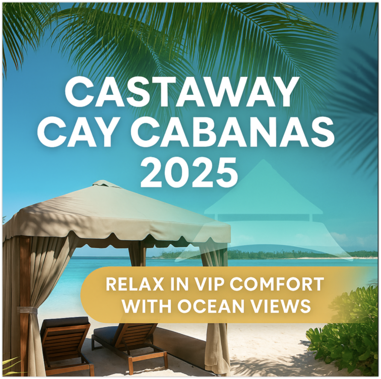 Luxury Castaway Cay cabana setup on a Disney Cruise private island with ocean view and beach loungers