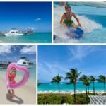 Collage of family adventures at Beaches Turks & Caicos, featuring a catamaran on turquoise water, a boy riding the surf simulator, a girl on the beach with a pink heart float, and a stunning ocean view lined with palm trees.