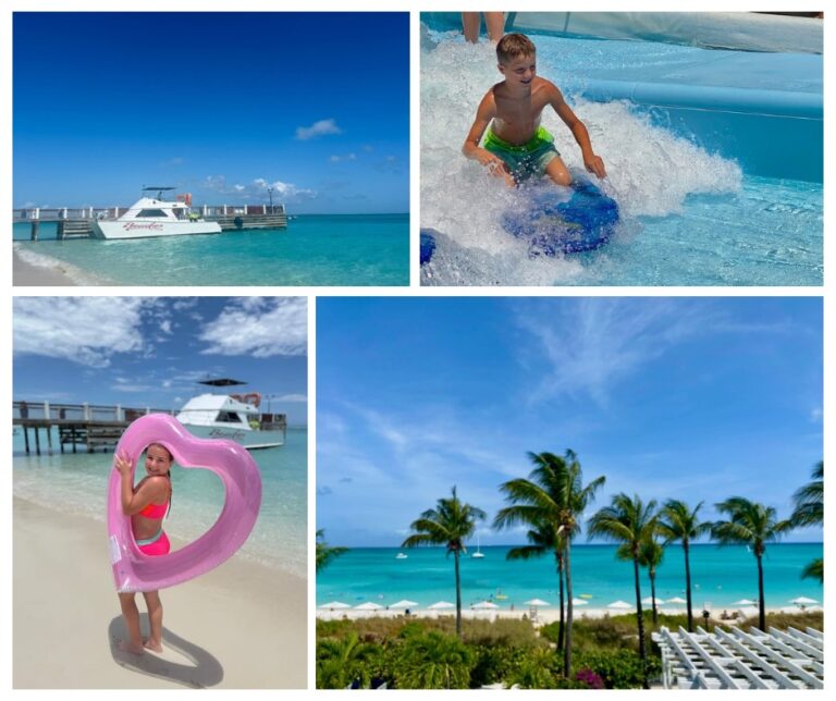 Collage of family adventures at Beaches Turks & Caicos, featuring a catamaran on turquoise water, a boy riding the surf simulator, a girl on the beach with a pink heart float, and a stunning ocean view lined with palm trees.