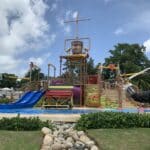 Pirates Island Waterpark at Beaches Negril resort in Jamaica with slides and splash areas for kids and families.