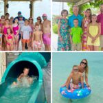 Collage of joyful moments at Beaches Turks & Caicos with friends and family — group photos, kids enjoying the water park slide, and relaxing in the crystal-clear ocean on Grace Bay Beach.