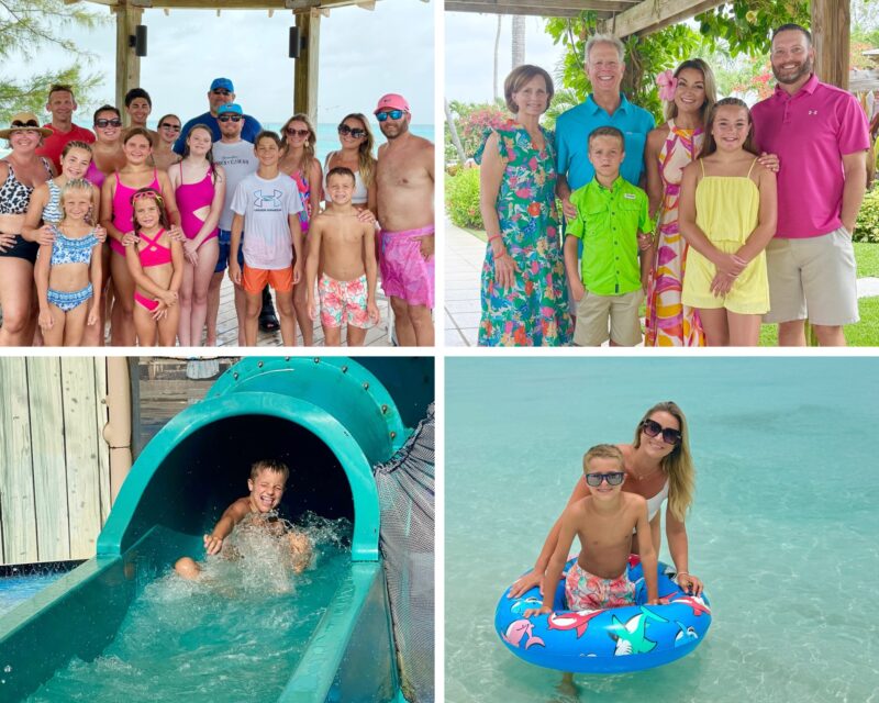 Family beach adventures at Beaches Turks & Caicos Resort Collage of family adventures at Beaches Turks & Caicos, featuring a catamaran on turquoise water, a boy riding the surf simulator, a girl on the beach with a pink heart float, and a stunning ocean view lined with palm trees.