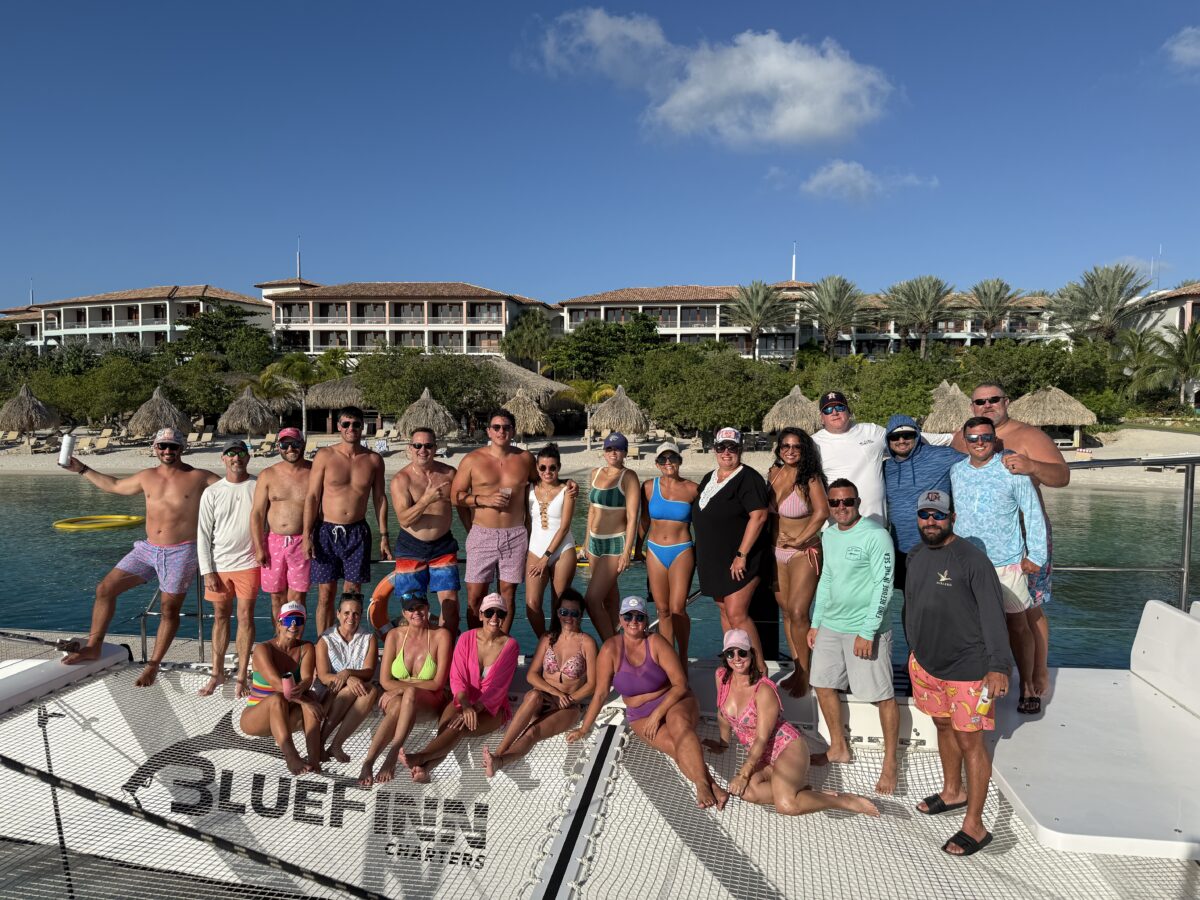Group on BlueFinn Charters catamaran after Klein Curaçao day trip from Sandals Royal Curaçao