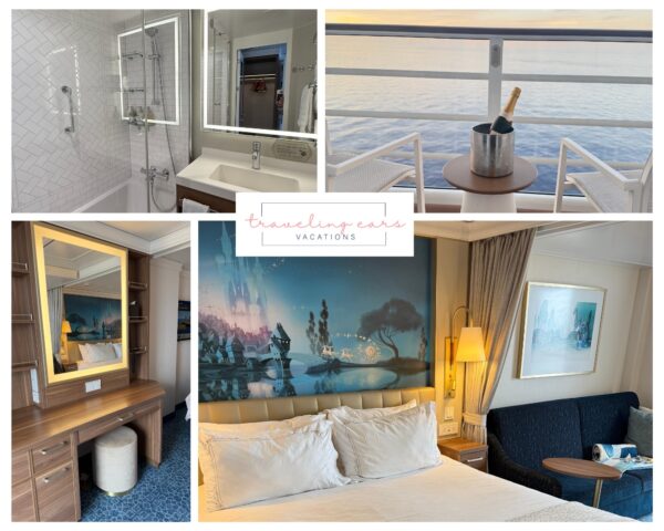 Disney Wish Stateroom Collage Collage of luxurious Disney Wish staterooms including verandah, concierge, and family oceanview rooms aboard Disney Cruise Line.