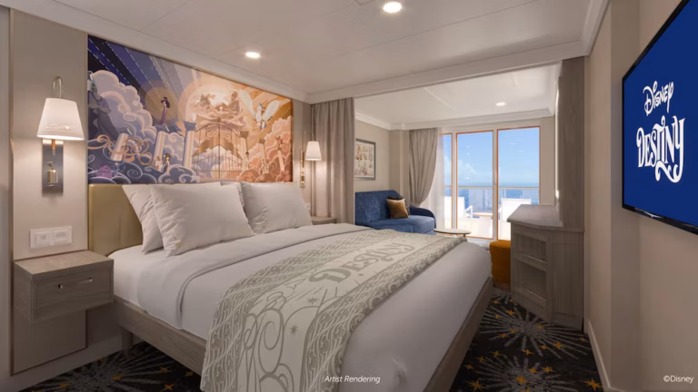 Verandah stateroom on the Disney Destiny cruise ship with ocean view balcony.