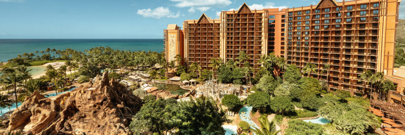 Aulani, A Disney Resort & Spa in Ko Olina, Oahu, featuring ocean views, lush tropical gardens, and a lagoon-style pool area.