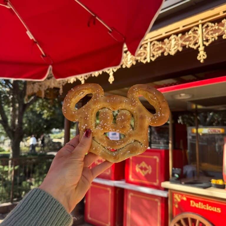 Soft Mickey pretzel snack at Magic Kingdom featuring iconic Disney-shaped pretzel served warm in the park