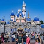 Sleeping Beauty Castle at Disneyland Park with iconic fairytale architecture, pastel pink and blue details, and a magical centerpiece of Disneyland Resort in California
