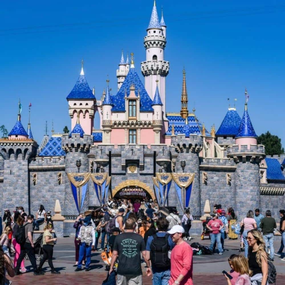 Sleeping Beauty Castle at Disneyland Park with iconic fairytale architecture, pastel pink and blue details, and a magical centerpiece of Disneyland Resort in California