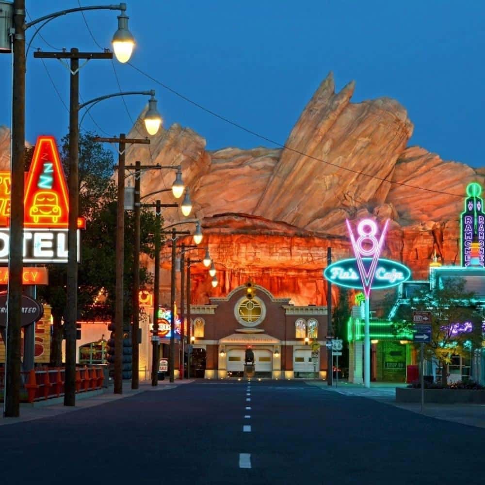 Colorful neon lights in a desert at night radiator springs at disneyland