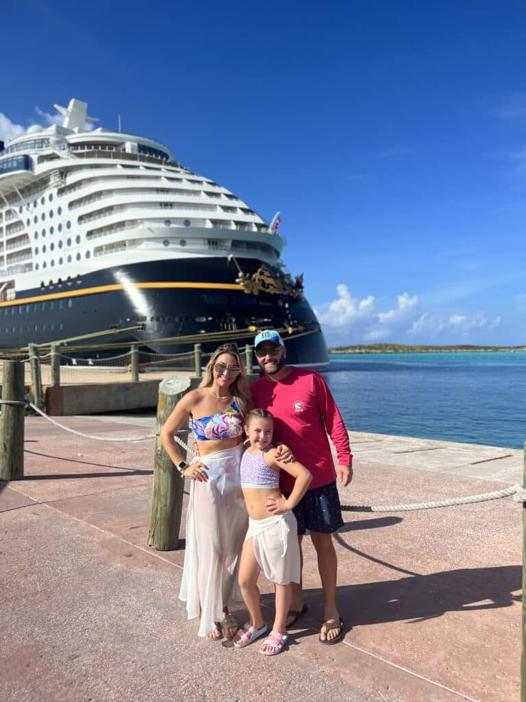 Family enjoying a beach day at Castaway Cay on a Disney Cruise Line vacation.