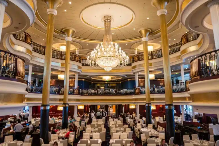 Dining options aboard Royal Caribbean Enchantment of the Seas including main dining room and buffet restaurants.