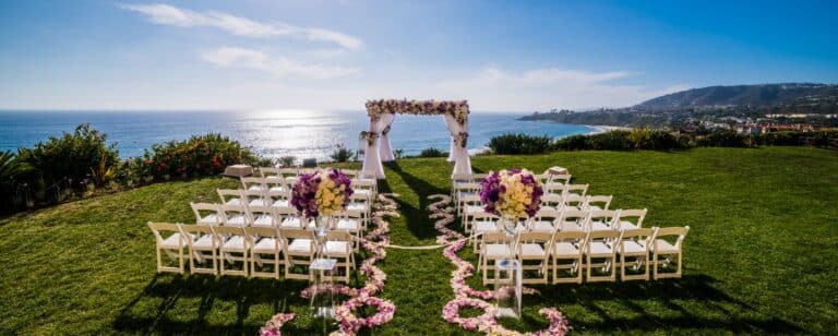 Scenic wedding setup by the ocean.