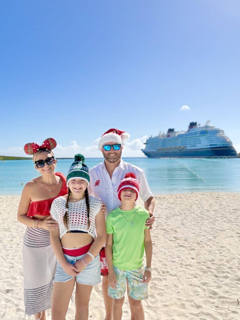 Christmas day at Castaway Cay with Disney Cruise Line featuring festive decorations, tropical beach scenery, and holiday-themed island experiences