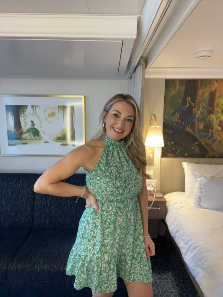 showing off dinner outfit in my disney cruise stateroom