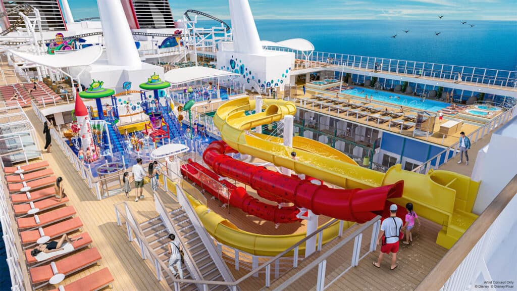 Disney Adventure water park area at Disney Cruise Line featuring family-friendly slides, splash zones, and interactive water play areas
