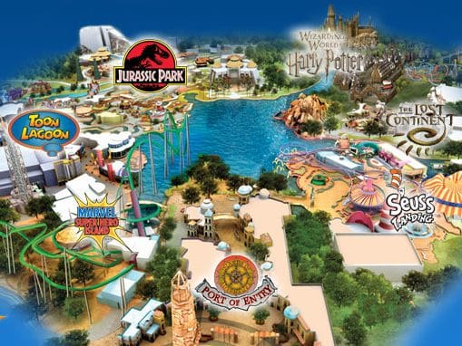 Map view of Universal Islands of Adventure at Universal Orlando Resort showing themed lands, attractions, and park layout in Orlando Florida