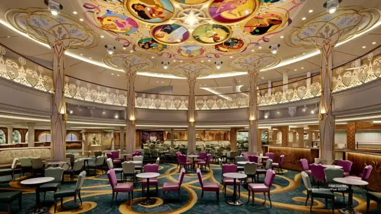 Dining experience aboard the Disney Adventure featuring themed restaurants, immersive storytelling, and family-friendly cuisine at sea