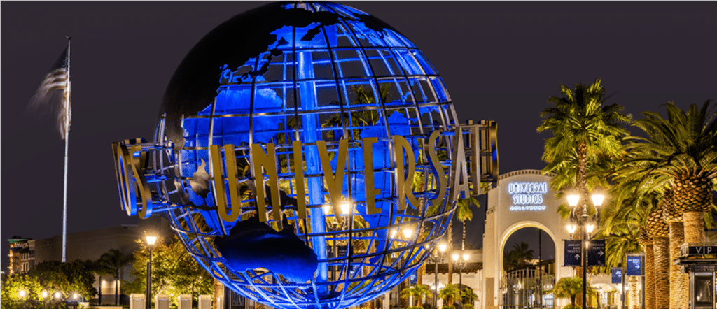 Universal Studios Hollywood theme park featuring the iconic globe entrance, the Wizarding World of Harry Potter, the famous Studio Tour backlot experience, and immersive movie-themed rides in Los Angeles California