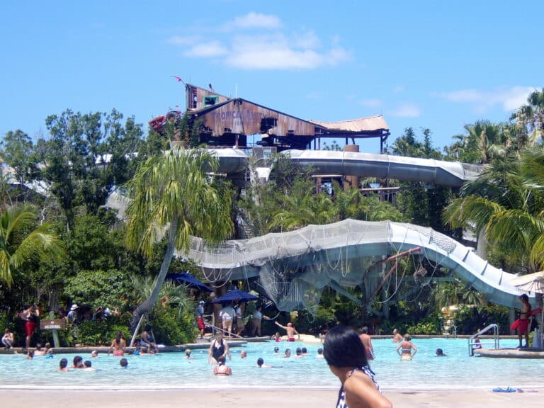 Typhoon Lagoon at Walt Disney World featuring tropical wave pool, sandy beaches, palm trees, and family-friendly water attractions under sunny skies