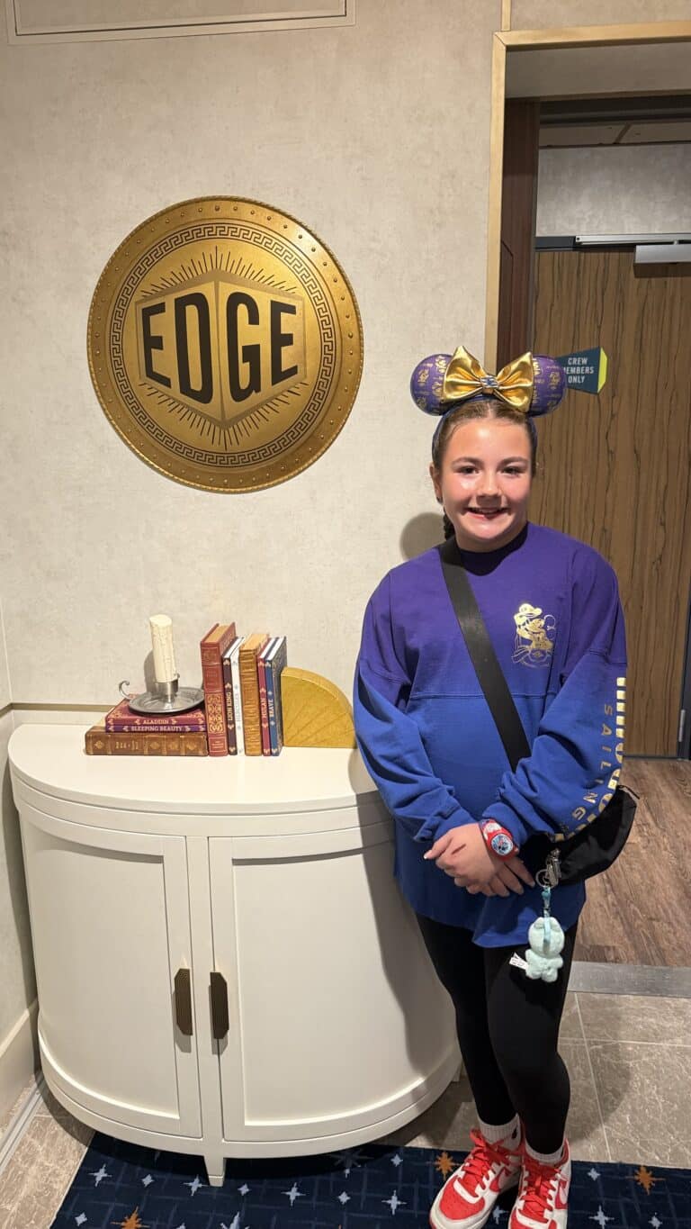 Kids enjoying Edge teen club on a Disney Cruise Line ship with interactive games, modern lounge seating, and ocean views designed for tweens and teens