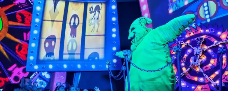 Oogie Boogie Bash Halloween party at Disney California Adventure Park featuring spooky decor, Disney villains, and immersive nighttime entertainment