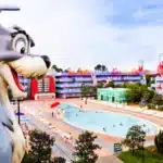Disney’s Pop Century Resort exterior showcasing colorful decade-themed buildings at Walt Disney World