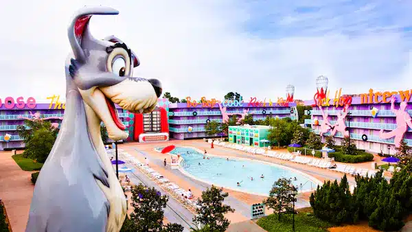 Disney’s Pop Century Resort exterior showcasing colorful decade-themed buildings at Walt Disney World