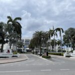 Exterior of Aruba Marriott Resort & Stellaris Casino with palm trees along Palm Beach
