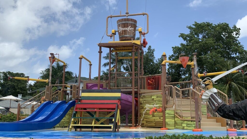 Pirates Island waterpark play structure and slides at Beaches Negril in Jamaica