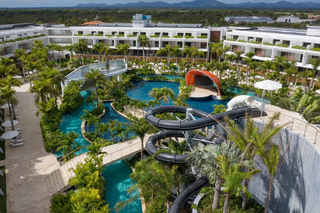 Elevated view of the water park, pools and resort buildings at Dreams Onyx Punta Cana