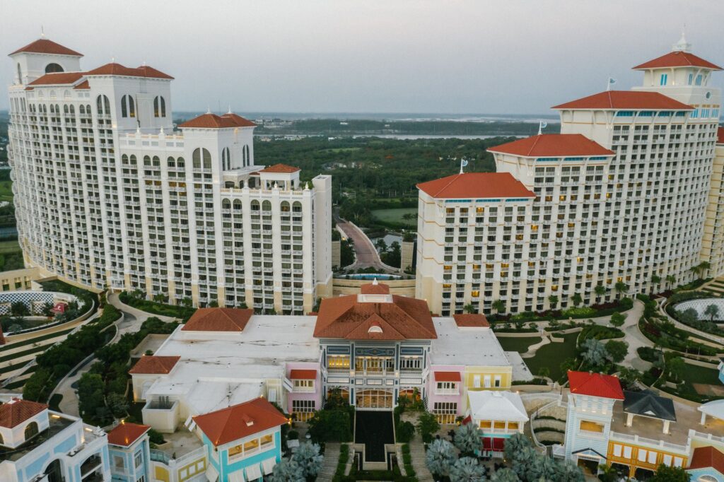 Aerial view of the Grand Hyatt Baha Mar towers and resort grounds in Nassau, Bahamas
