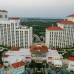 Aerial view of the Grand Hyatt Baha Mar towers and resort grounds in Nassau, Bahamas