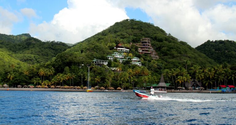 Jade Mountain Resort on the hillside above the Saint Lucia shoreline