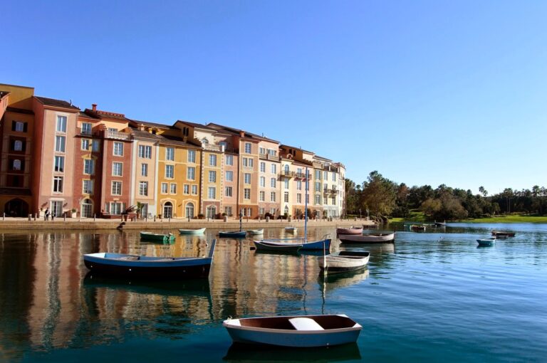 Colorful waterfront buildings and harbor at Loews Portofino Bay Hotel at Universal Orlando Resort