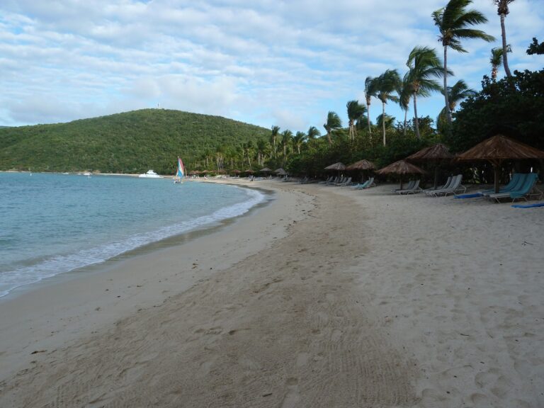 Crescent beach, palm trees, calm blue water and green hills at Rosewood Little Dix Bay on Virgin Gorda