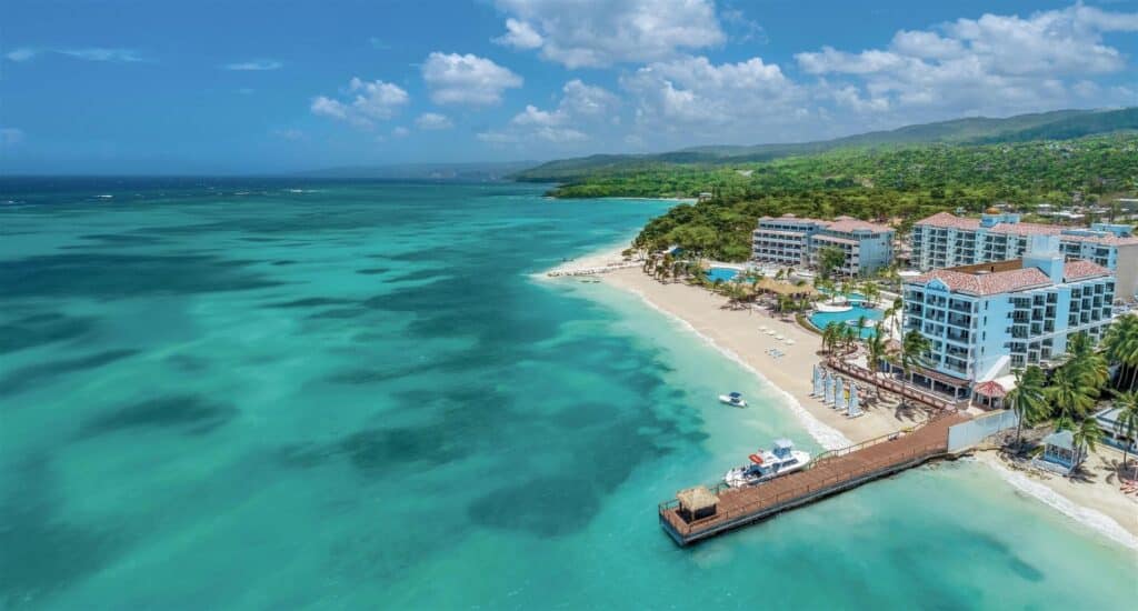 Aerial view of Sandals Dunn's River along the Caribbean coastline near Ocho Rios, Jamaica