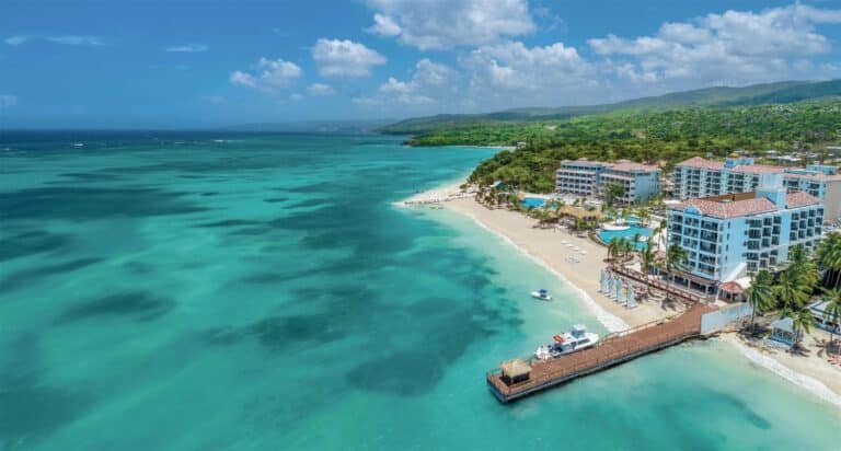 Aerial view of Sandals Dunn's River along the Caribbean coastline near Ocho Rios, Jamaica