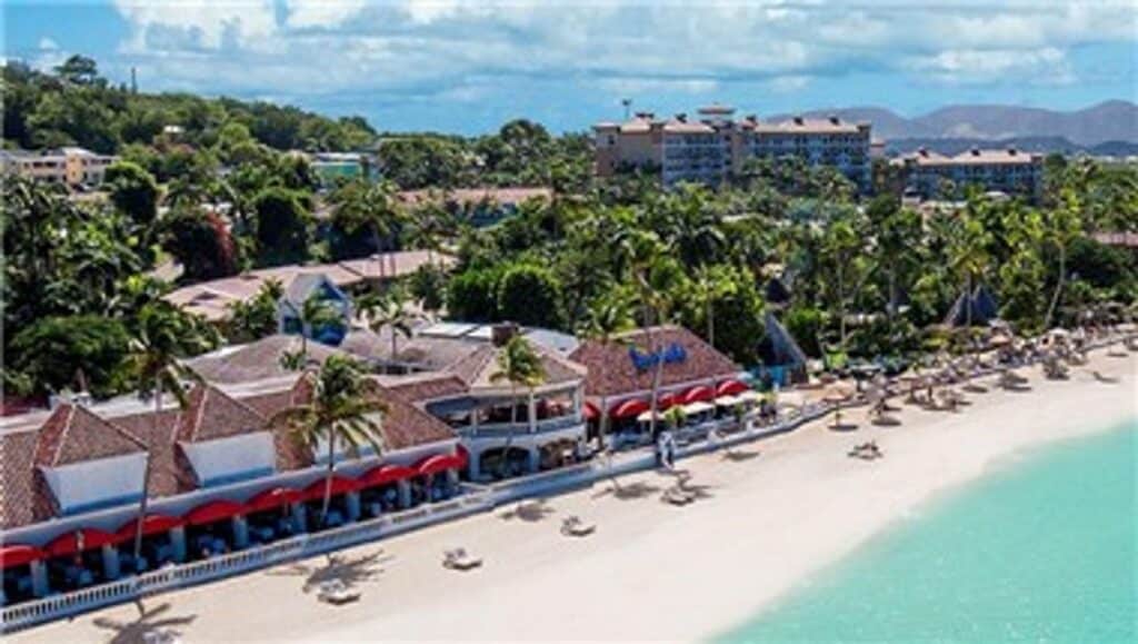 Aerial view of Sandals Grande Antigua on Dickenson Bay in Antigua