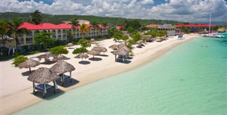 Aerial view of Sandals Montego Bay along the turquoise Caribbean shoreline in Jamaica