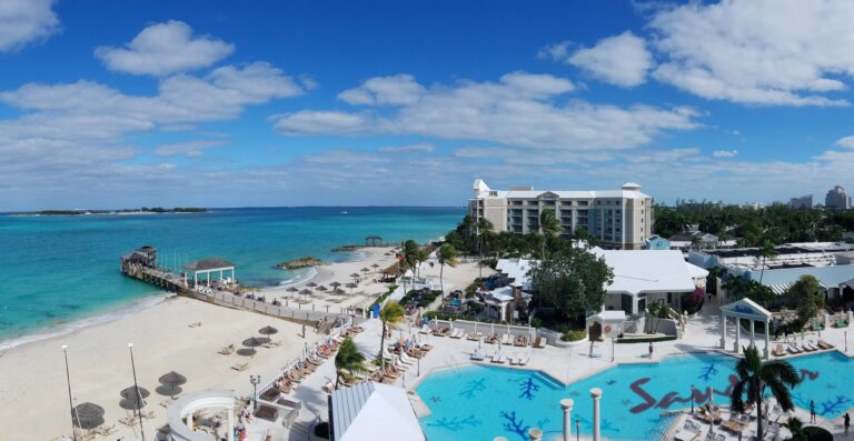 Aerial view of Sandals Royal Bahamian resort, beach and pools in Nassau Bahamas