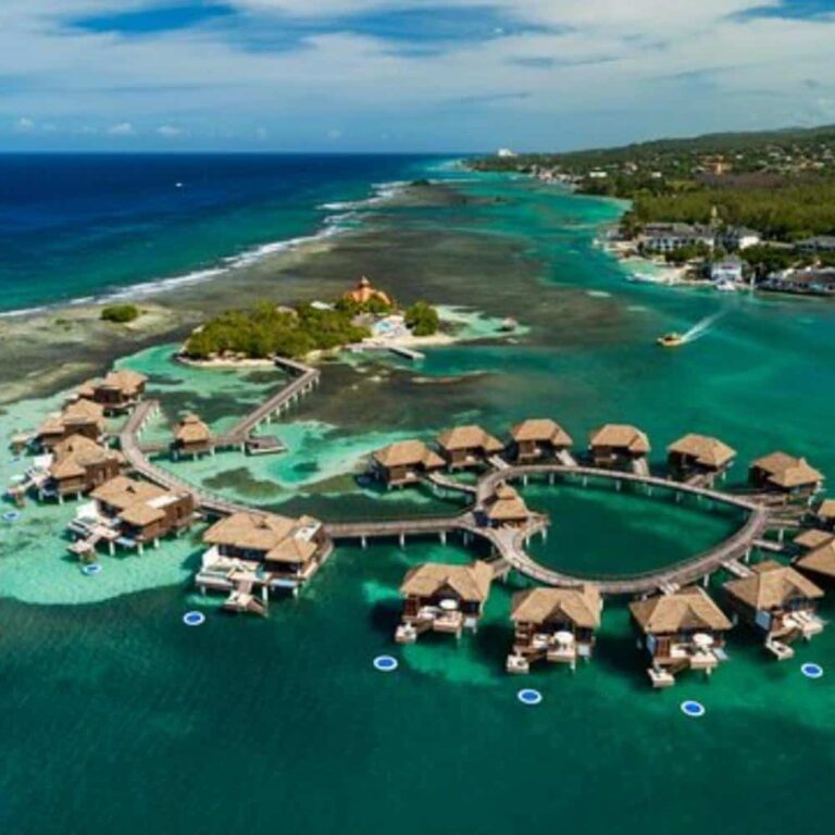 Aerial view of overwater villas and private island at Sandals Royal Caribbean in Montego Bay, Jamaica