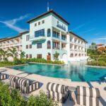 Sandals Royal Curaçao resort building and pool beneath a bright Caribbean sky
