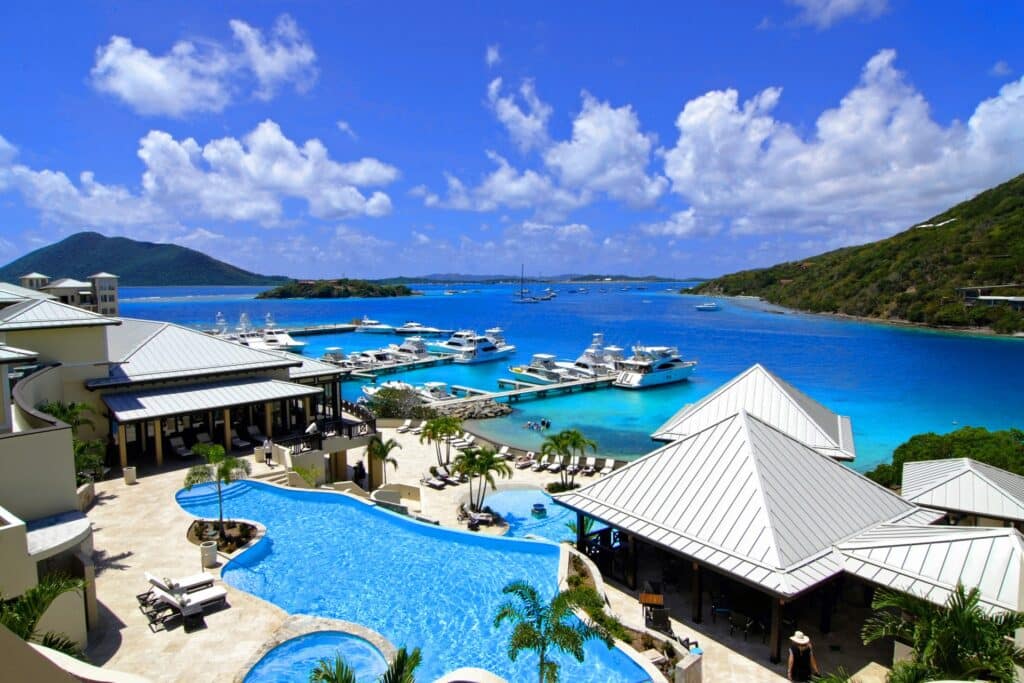 Infinity-style pool and yacht marina at Scrub Island Resort in the British Virgin Islands