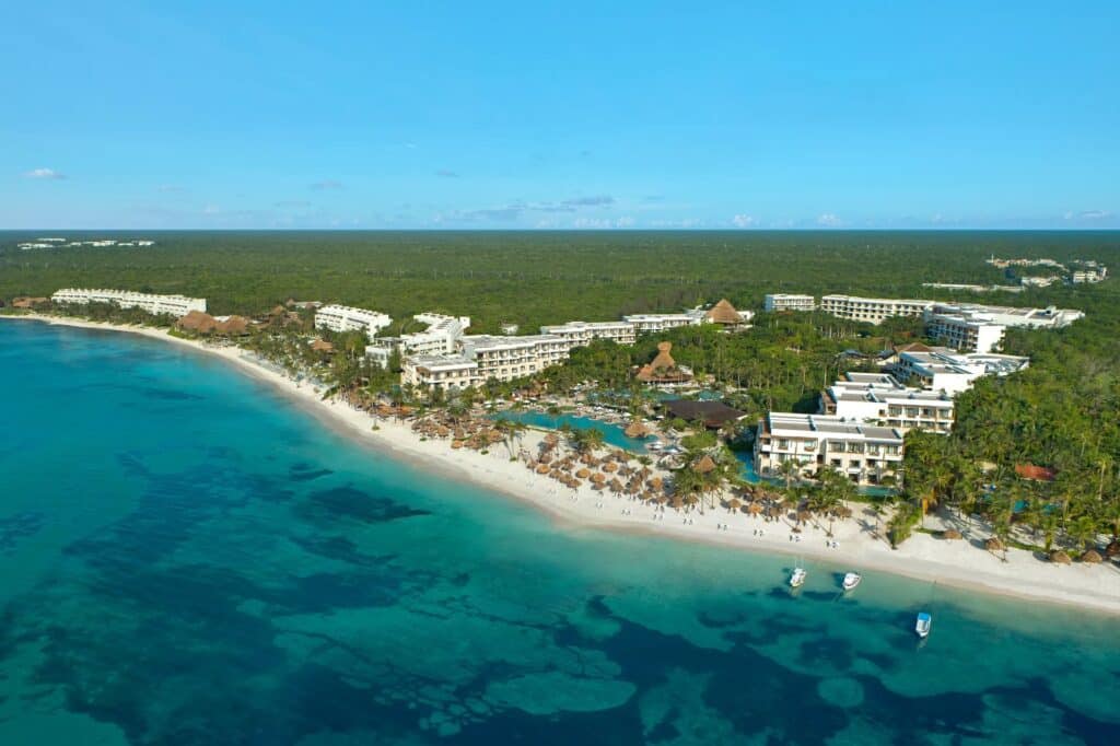 Aerial view of Secrets Akumal Riviera Maya along the Caribbean beachfront in Mexico