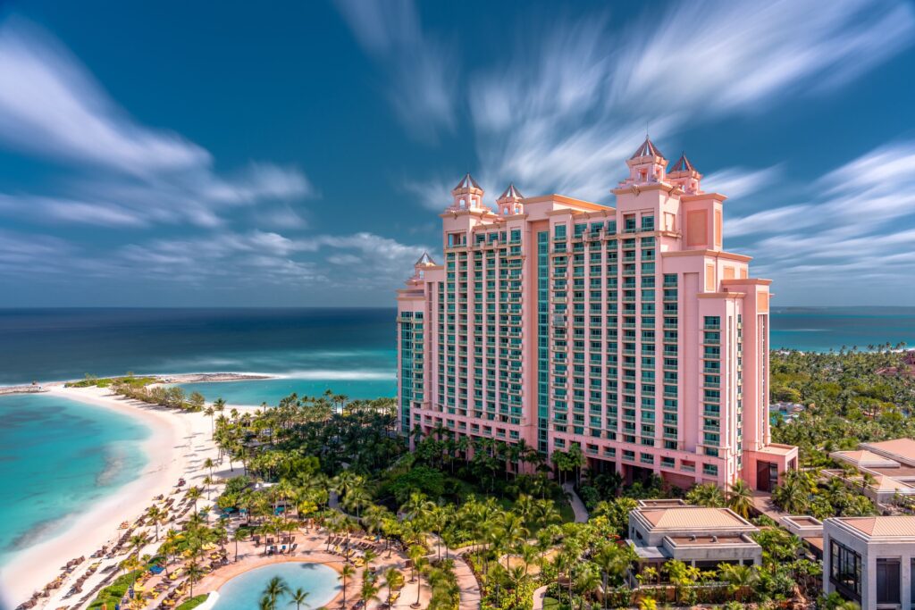 The Reef at Atlantis beachfront tower overlooking the ocean and pool on Paradise Island, Bahamas